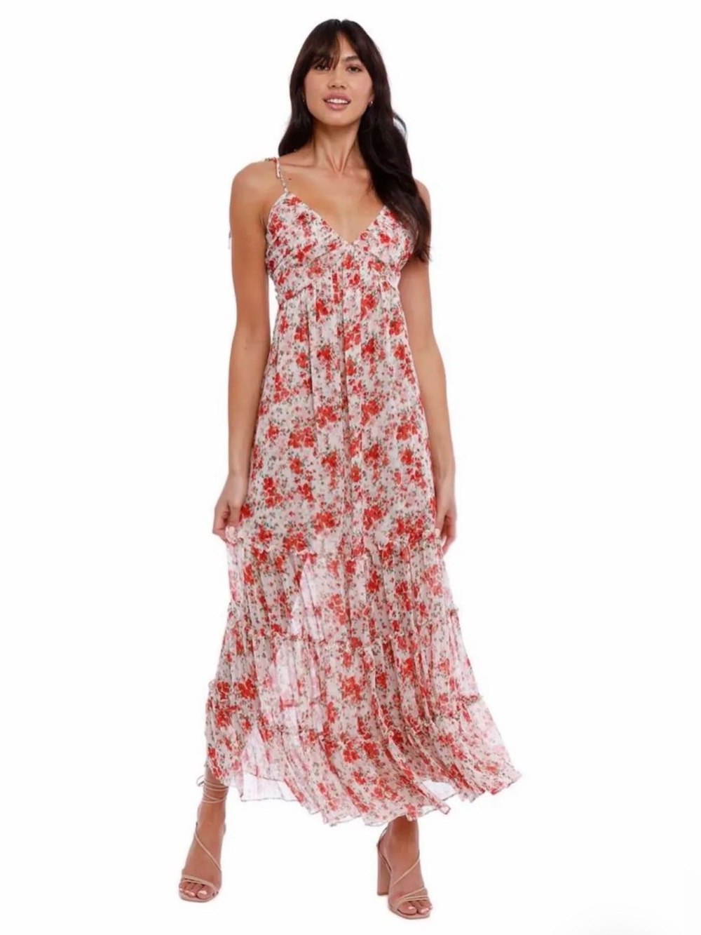 Misa Los Angeles Floral Coral and White Halter Style Tiered Maxi Dress